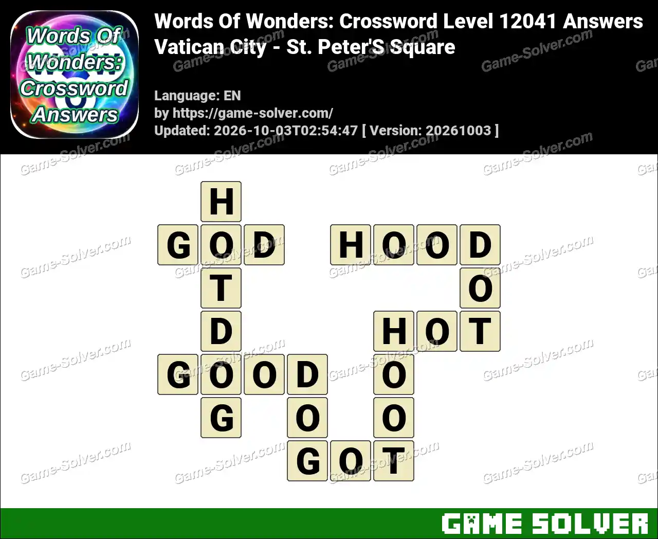 Words Of Wonders: Crossword Level 12041 Answers – Vatican City – St. Peter’S Square